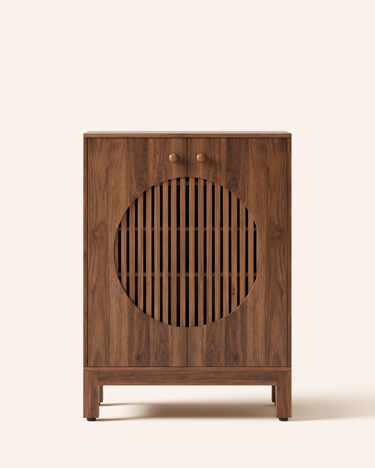 POSITY Warm bruin — Savona schoenenkast, packshot in driekwart, ronde lamellencirkel over beide deuren