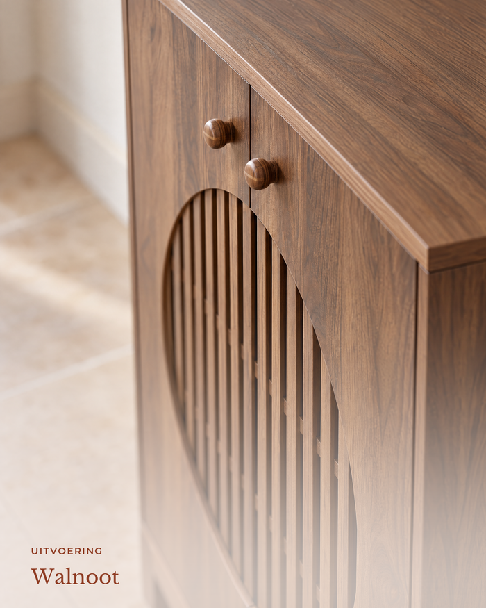 POSITY Warm bruin — Savona schoenenkast, close-up van het lamellenfront en de houten knop