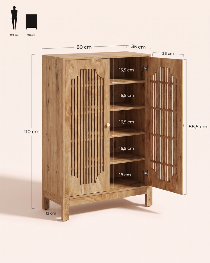 POSITY Eiken — Bassano schoenenkast, maatvoering 80 x 35 x 110 cm, vakhoogtes 15,5 tot 18 cm
