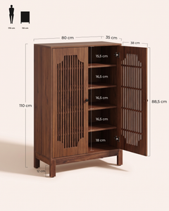POSITY Walnoot — Bassano schoenenkast, maatvoering 80 x 35 x 110 cm, vakhoogtes 15,5 tot 18 cm
