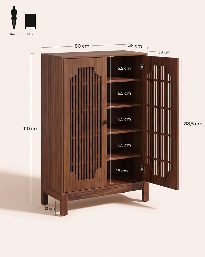 POSITY Walnoot — Bassano schoenenkast, maatvoering 80 x 35 x 110 cm, vakhoogtes 15,5 tot 18 cm