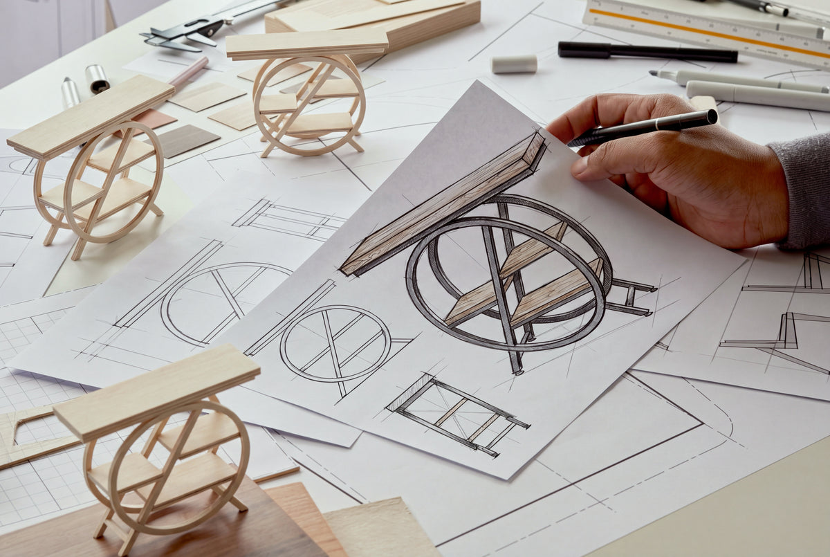 Posity ontwerpschetsen en houten modellen van een consoletafel op de werktafel