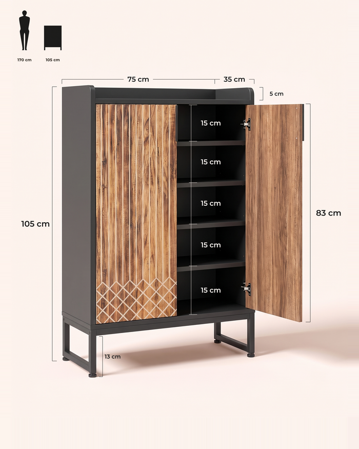Carrara schoenenkast in bruin met zwarte accenten, maatvoeringstekening met de buitenmaten, de vakhoogtes en de bodemvrije hoogte
