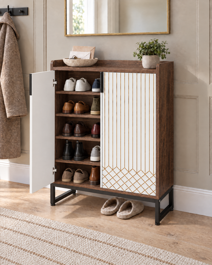 Carrara schoenenkast in walnoot met gouden accenten in een hal, linkerdeur open met schoenen op vijf planken