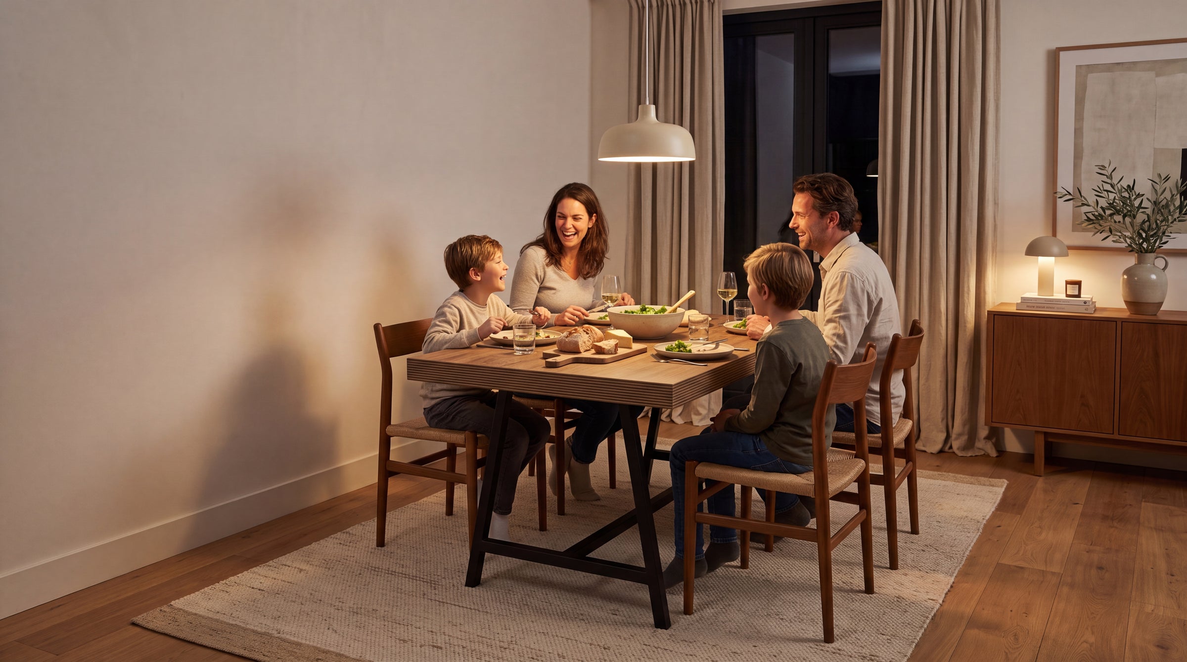 Gezin aan een houten eettafel tijdens het avondeten