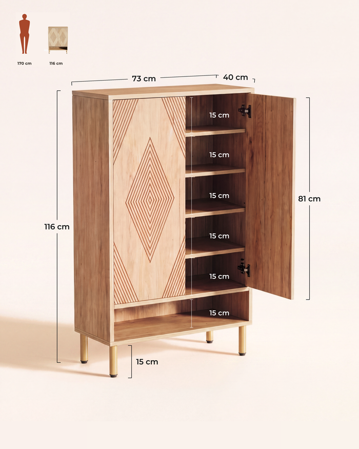 Alba schoenenkast in licht eiken, maatvoering: 73 x 40 x 116 cm, vijf vakken van 15 cm en 15 cm pothoogte