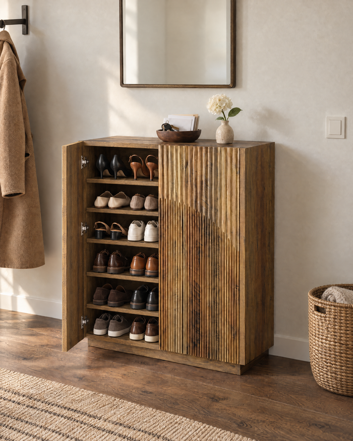 POSITY Rustiek lichtbruin, Novara schoenenkast, linkerdeur open, de planken gevuld met schoenen