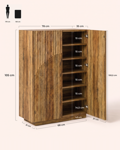 POSITY Rustiek lichtbruin, Novara schoenenkast, maatvoering 78 x 35 x 105 cm, vakhoogtes 15 cm en onderste vak 14,5 cm