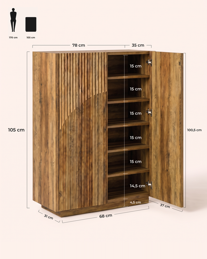 POSITY Rustiek lichtbruin, Novara schoenenkast, maatvoering 78 x 35 x 105 cm, vakhoogtes 15 cm en onderste vak 14,5 cm