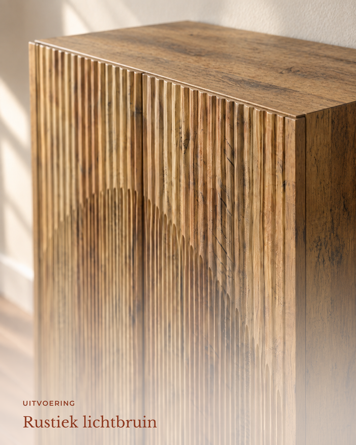 POSITY Rustiek lichtbruin, Novara schoenenkast, close-up van het greeploze front met smalle verticale groeven