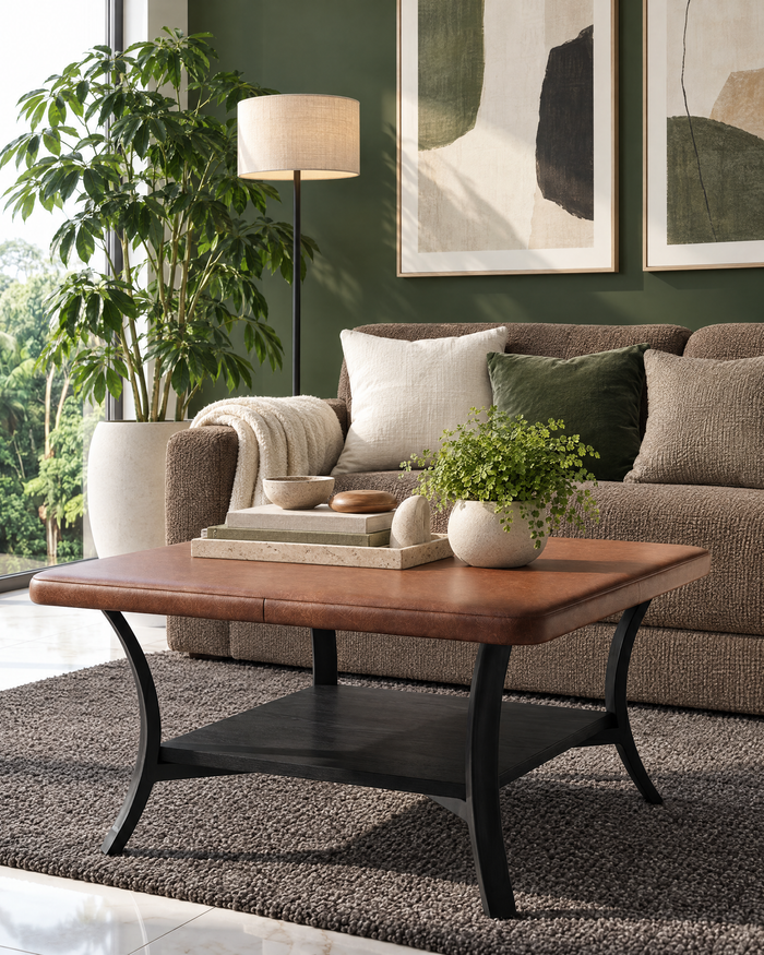 POSITY Cognac met zwarte accenten, Pesaro salontafel, sfeerbeeld in de woonkamer