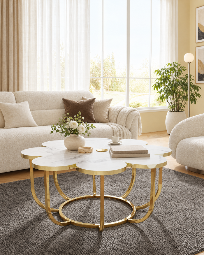 POSITY Wit marmer met gouden accenten, Serchio salontafel, sfeerbeeld in de woonkamer