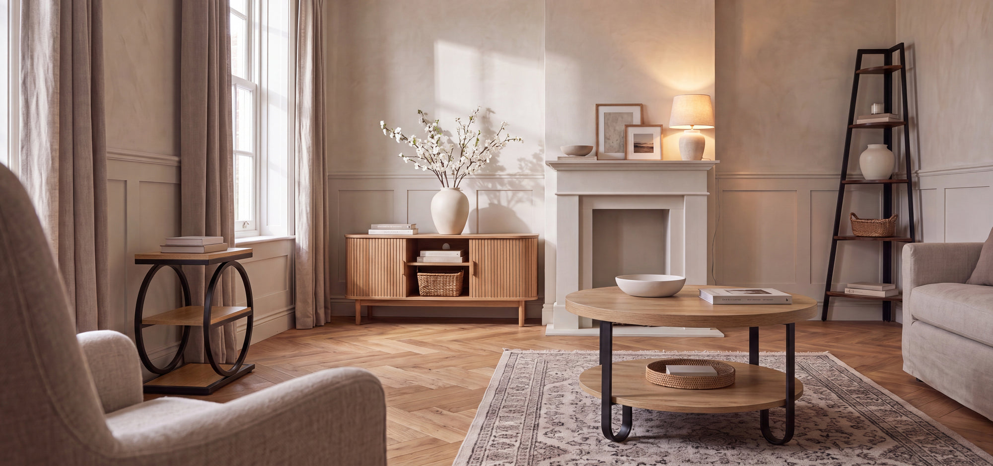 Lichte woonkamer met bijzettafel, ronde salontafel en een hoekrek