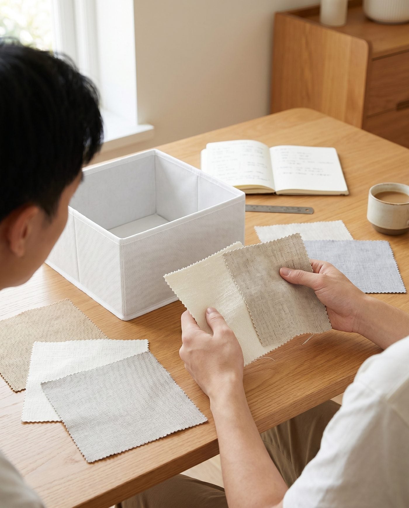 Posity ontwerper kiest stoffen en materialen